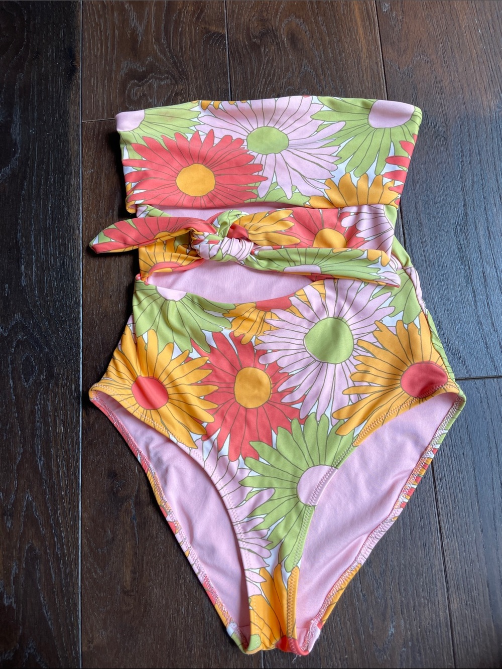 aerie Pink Floral One-Piece Swimsuit with Green, Yellow, Red Accents